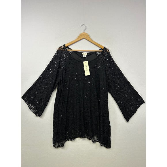 Brittany Black Tops - Evening Party Brittany Black Womens 3X Black Sequin Lace 3/4 Sleeve Tunic Blouse